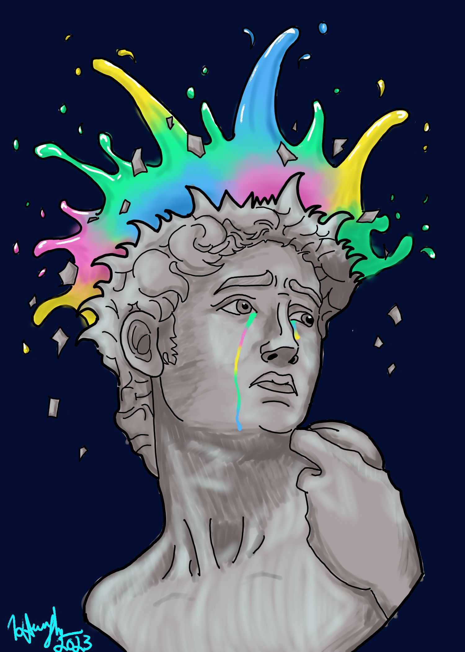 a digital drawing of michalangelo's david statue with colourful splatter exploding froom his head.