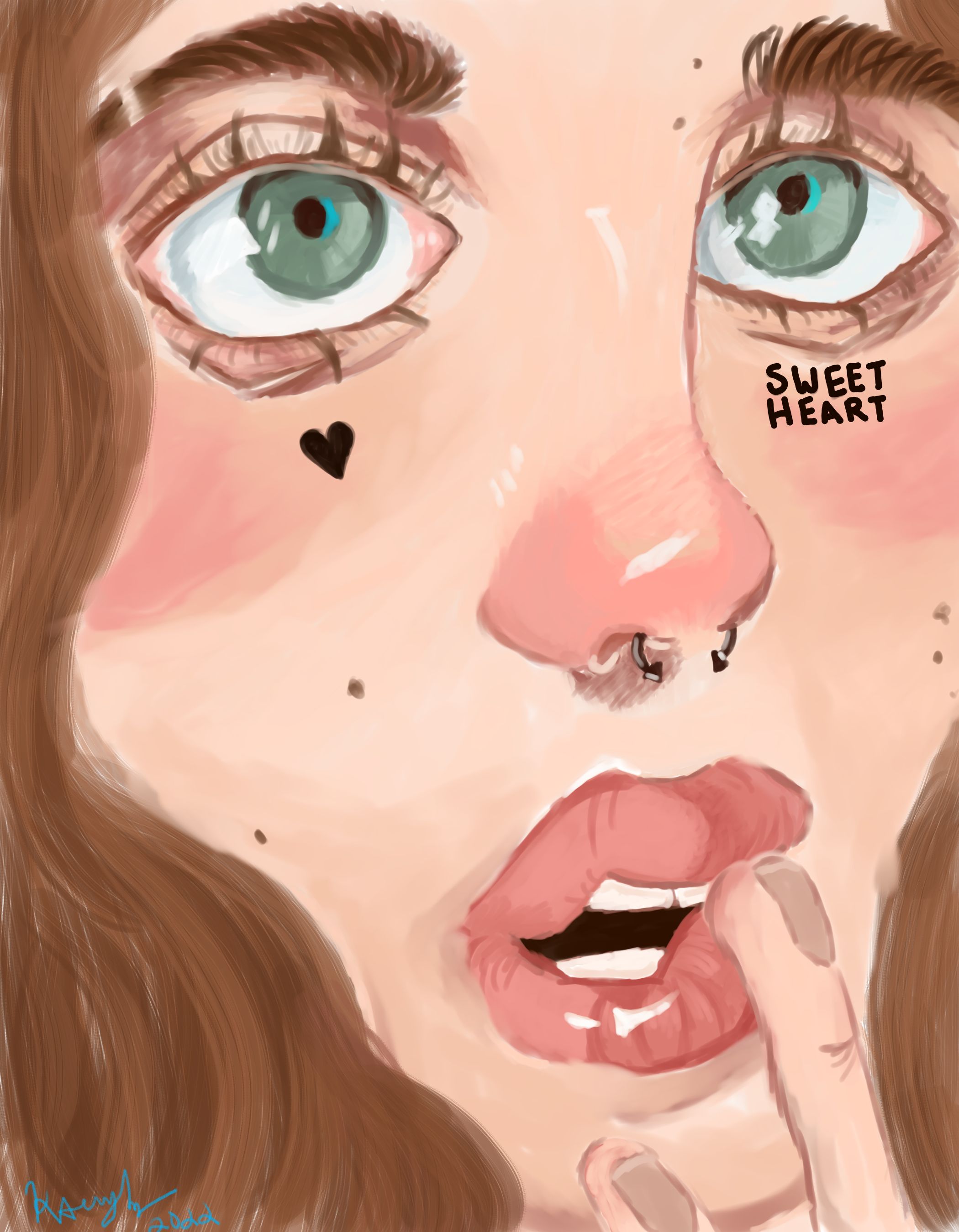 A close Illustration portrait of a girl with two face tattoos.