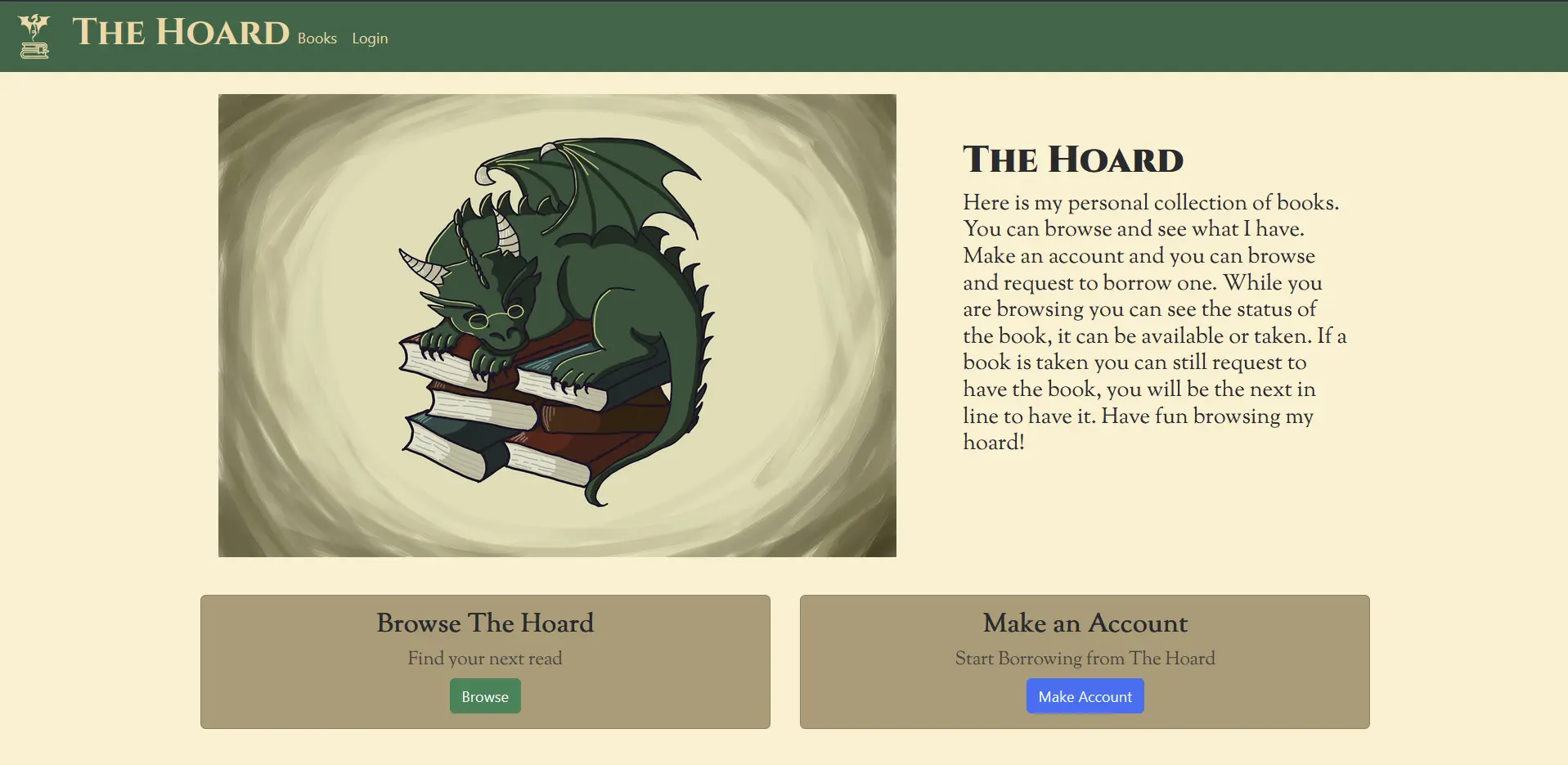 homepage of library web app the hoard